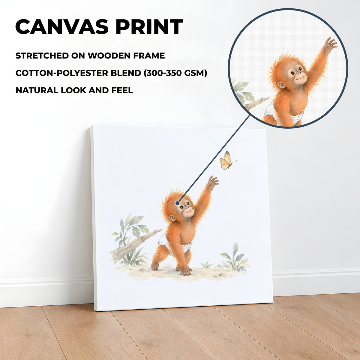 Bébé orang-outan en couche blanche tend la main vers un papillon : toile sur châssis, 40 × 40 cm, en situation