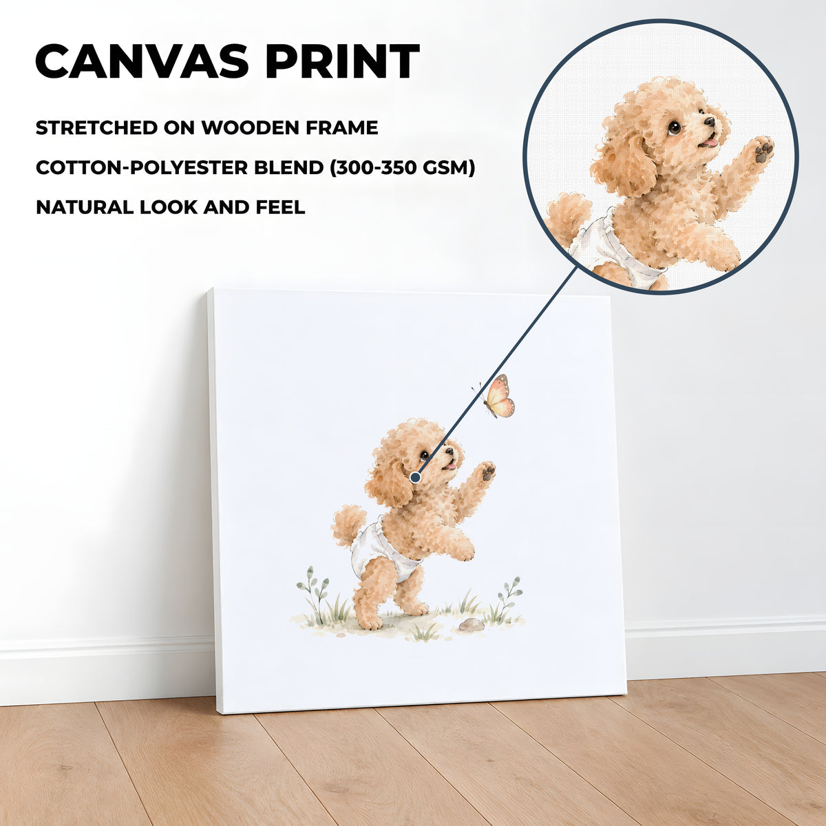Petit caniche en couche blanche tente d’attraper un papillon : toile sur châssis, 40 × 40 cm, en situation