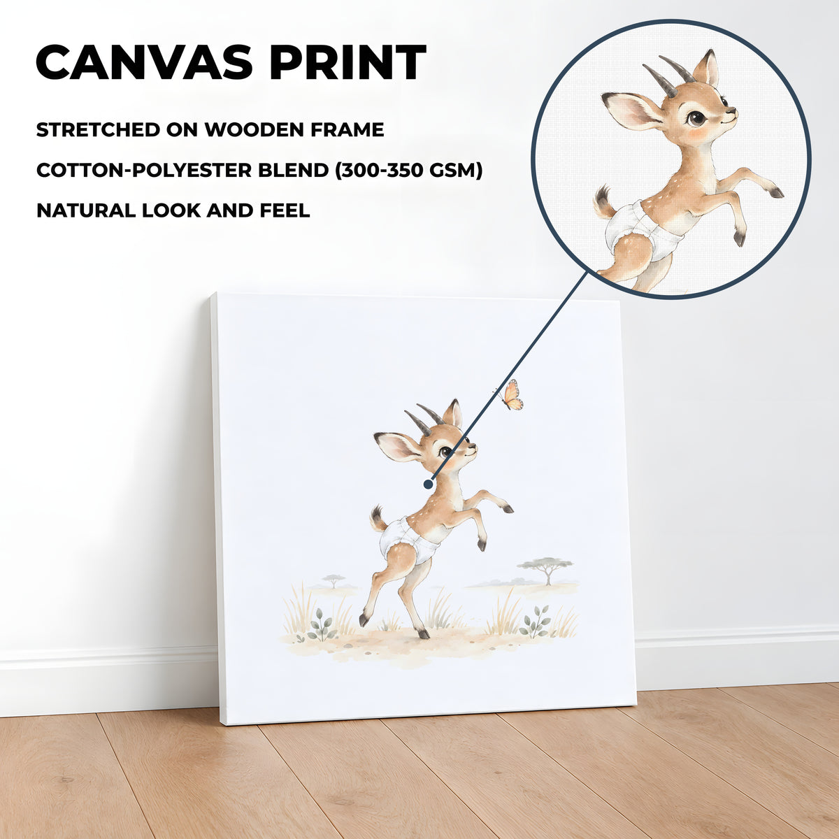 Petite antilope à la poursuite d’un papillon : toile sur châssis, 40 × 40 cm, en situation