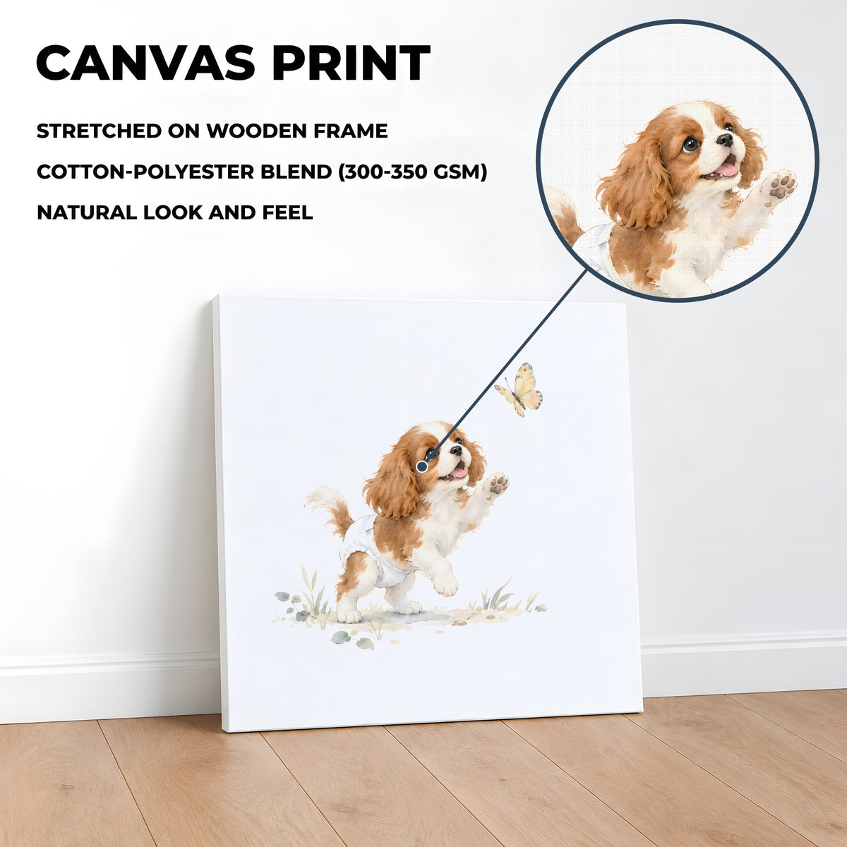 Bébé cavalier king charles en couche blanche essaie d’attraper un papillon : toile sur châssis, 40 × 40 cm, en situation