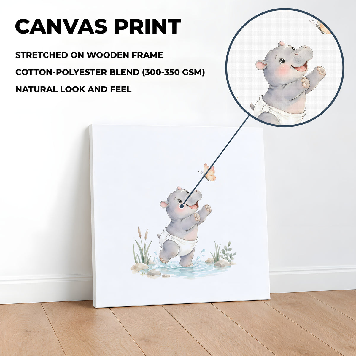 Bébé hippopotame en couche blanche chasse un papillon au bord de l’eau : toile sur châssis, 40 × 40 cm, en situation