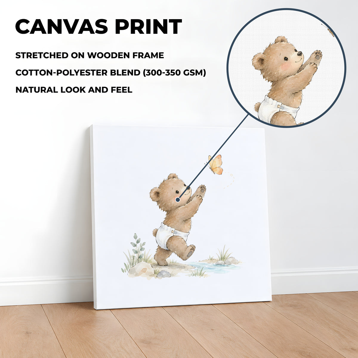 Ourson en couche blanche tendant la patte vers un papillon : toile sur châssis, 40 × 40 cm, en situation