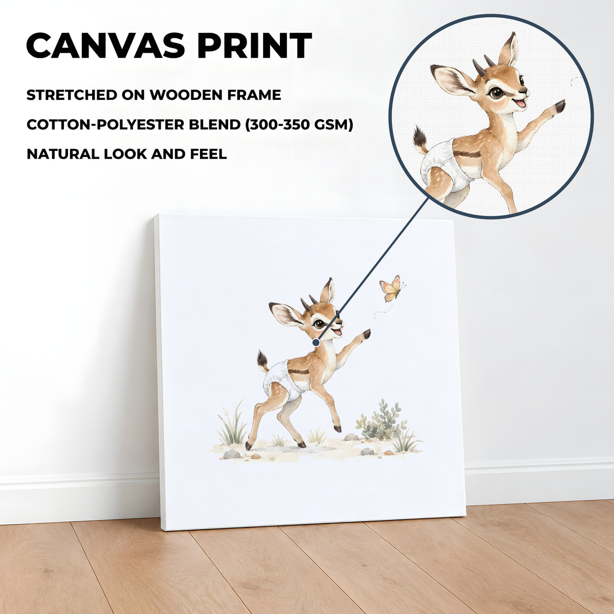 Bébé gazelle en couche blanche essaie d’attraper un papillon : toile sur châssis, 40 × 40 cm, en situation