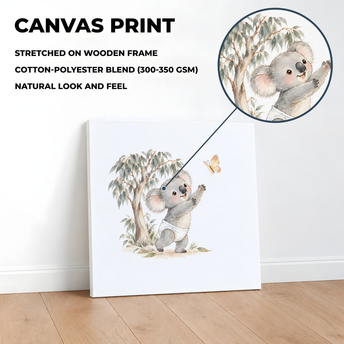 Bébé koala poursuit un papillon près des eucalyptus : toile sur châssis, 40 × 40 cm, en situation