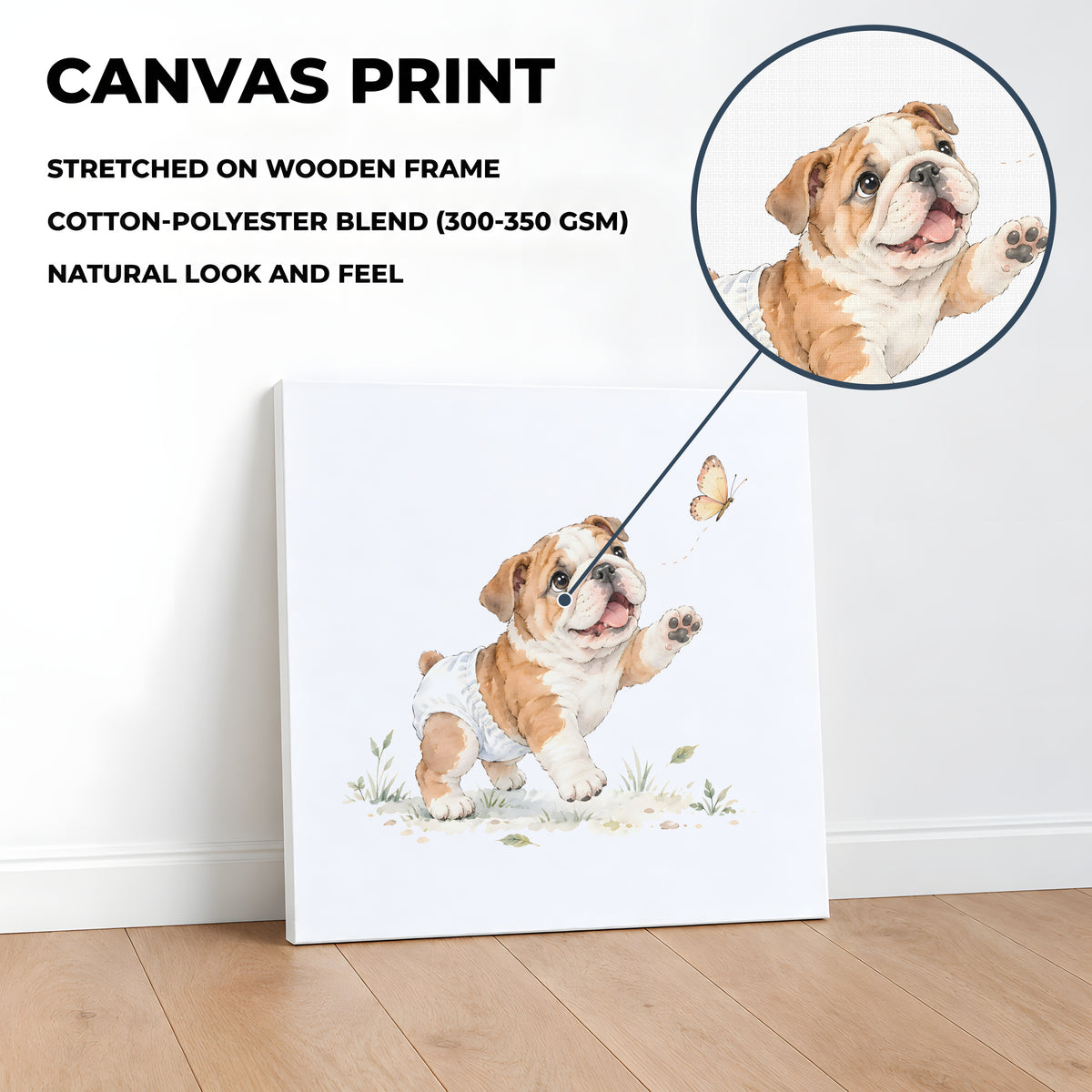 Bébé bouledogue anglais en couche blanche tente de saisir un papillon : toile sur châssis, 40 × 40 cm, en situation