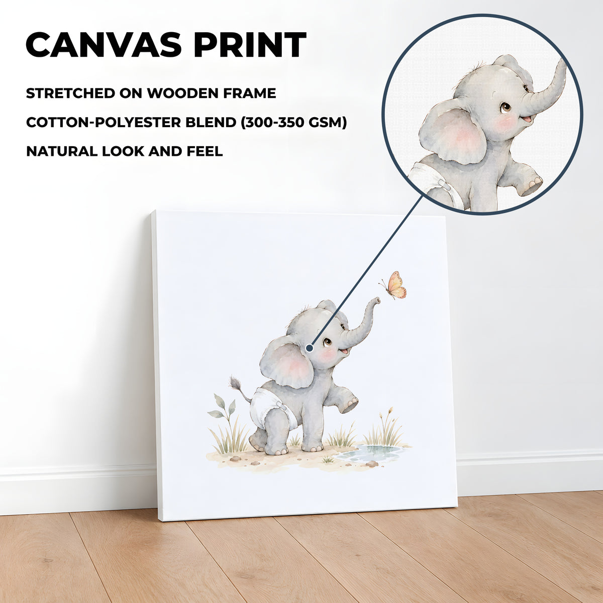 Bébé éléphant en couche blanche tend la trompe vers un papillon : toile sur châssis, 40 × 40 cm, en situation