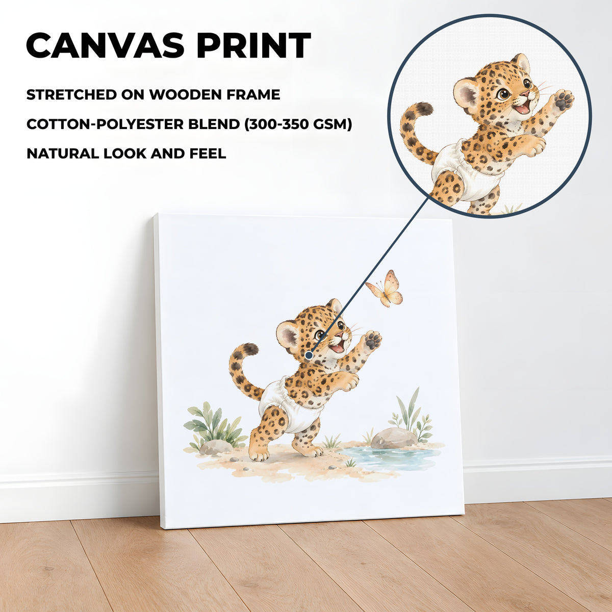 Baby Jaguar in a White Diaper Chases a Butterfly: stretched canvas, 40 × 40 cm, styled in a room