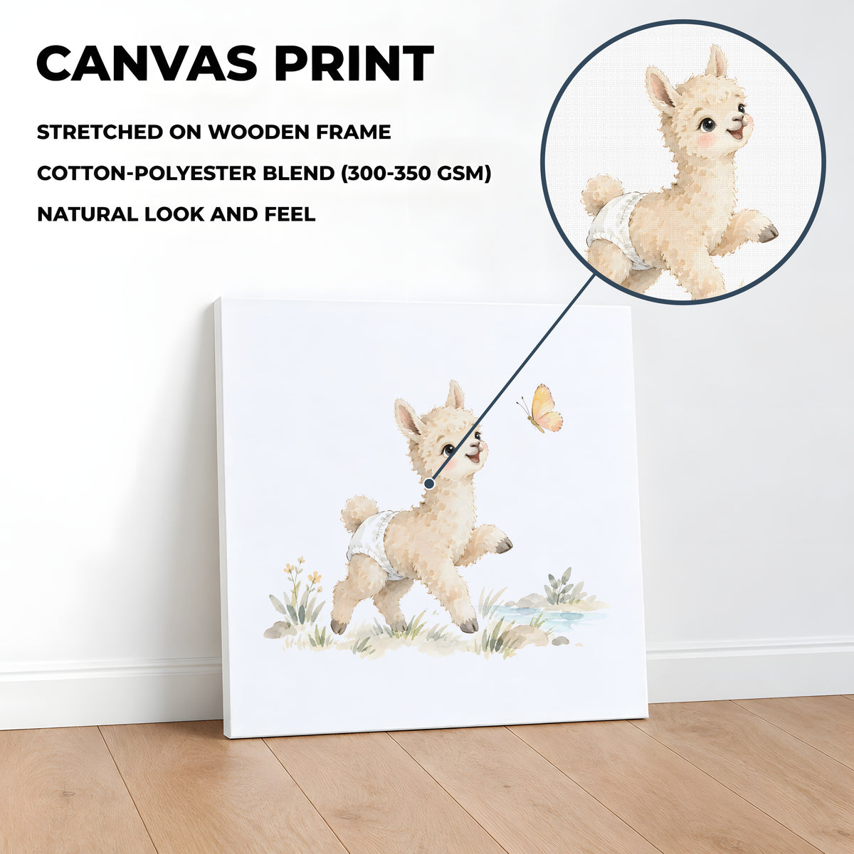 Baby Alpaca in a White Diaper Reaches Up for a Butterfly: stretched canvas, 40 × 40 cm, styled in a room