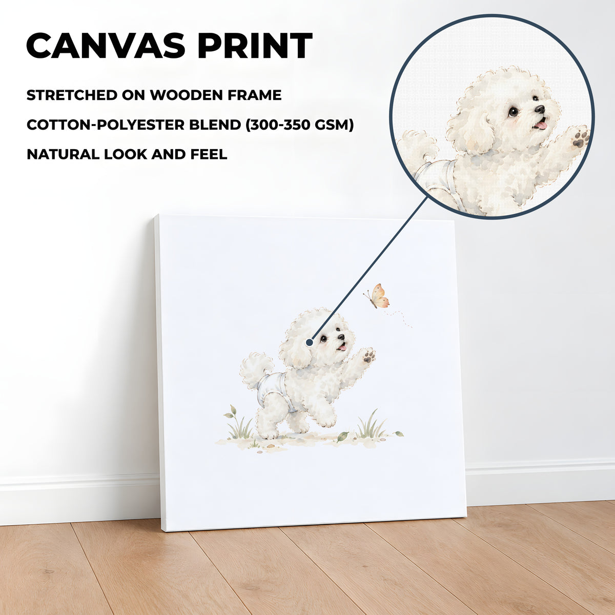Bébé bichon frisé en couche blanche essaie d’attraper un papillon : toile sur châssis, 40 × 40 cm, en situation