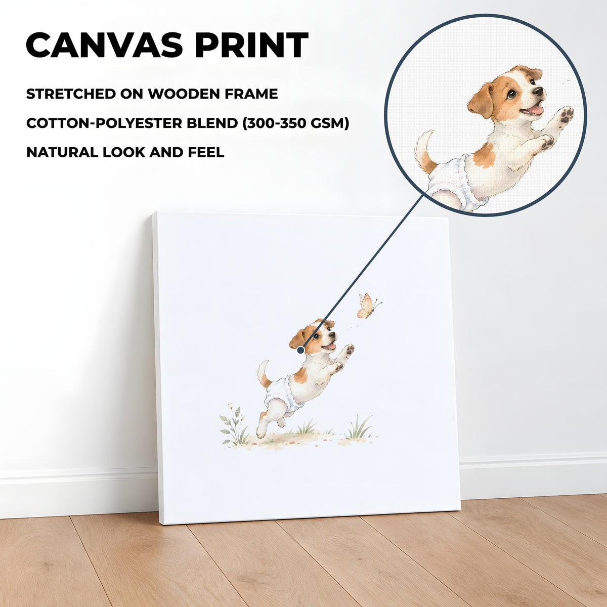 Petit jack russell en couche blanche à la poursuite d’un papillon : toile sur châssis, 40 × 40 cm, en situation