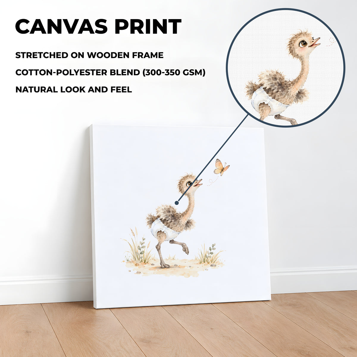 Bébé autruche en couche blanche court après un papillon : toile sur châssis, 40 × 40 cm, en situation