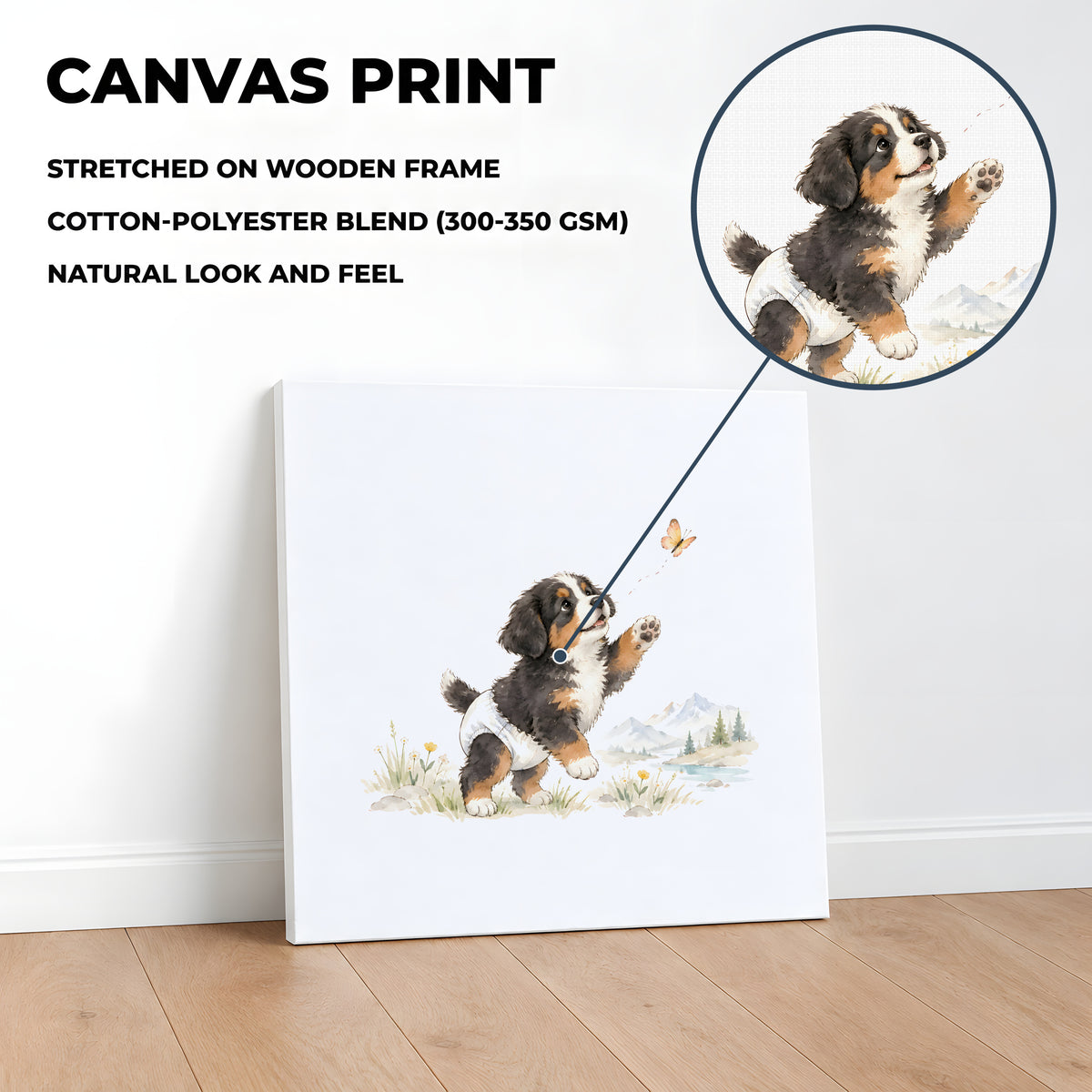 Petit bouvier bernois en couche blanche essaie d’attraper un papillon : toile sur châssis, 40 × 40 cm, en situation