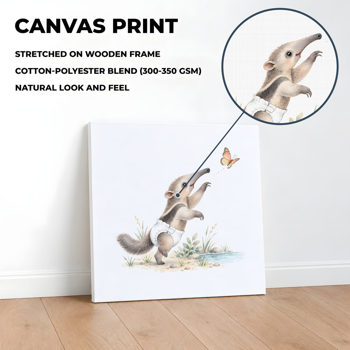 Baby Anteater in a White Diaper Reaches for a Butterfly in the Grass: stretched canvas, 40 × 40 cm, styled in a room