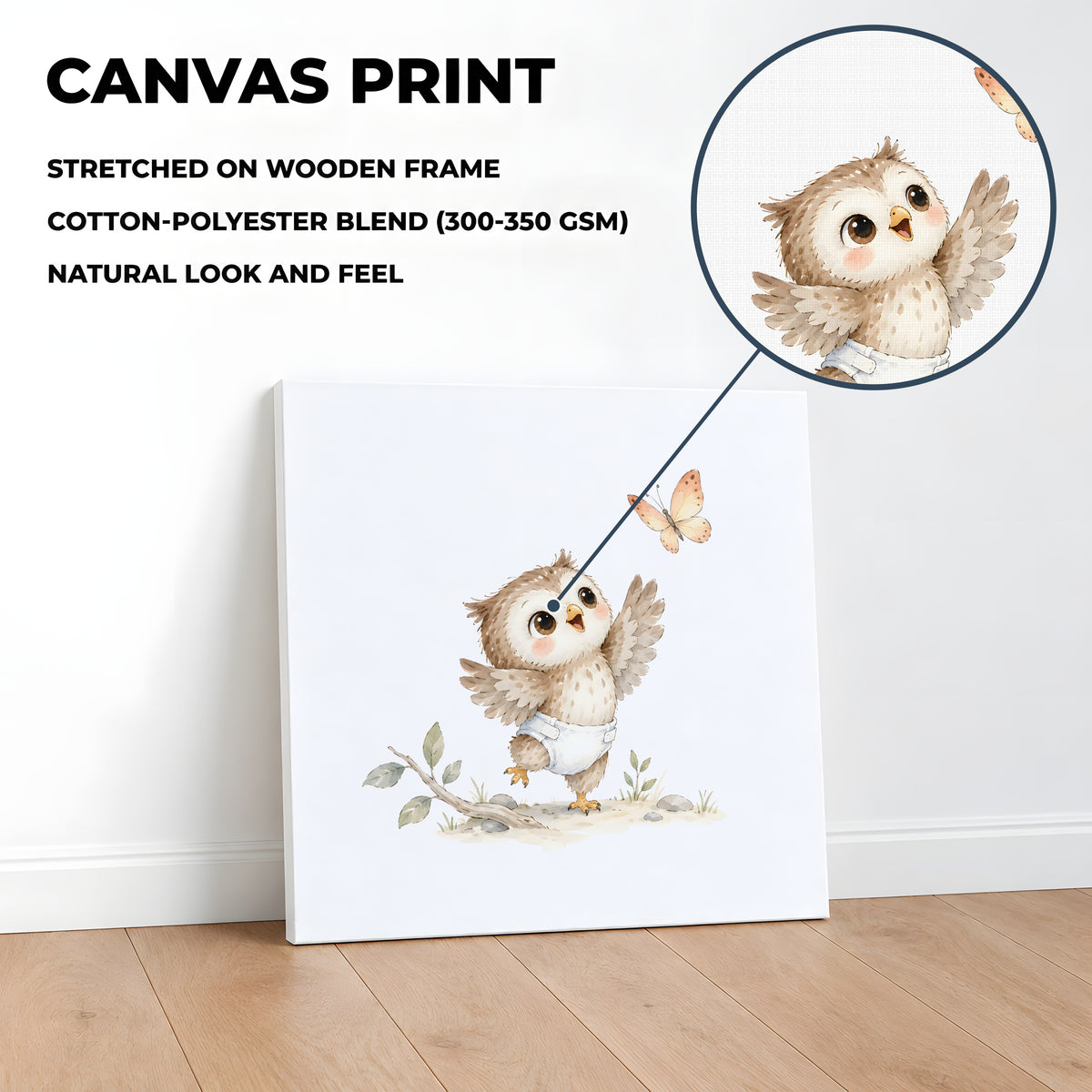 Bébé hibou en couche blanche essaie d’attraper un papillon : toile sur châssis, 40 × 40 cm, en situation