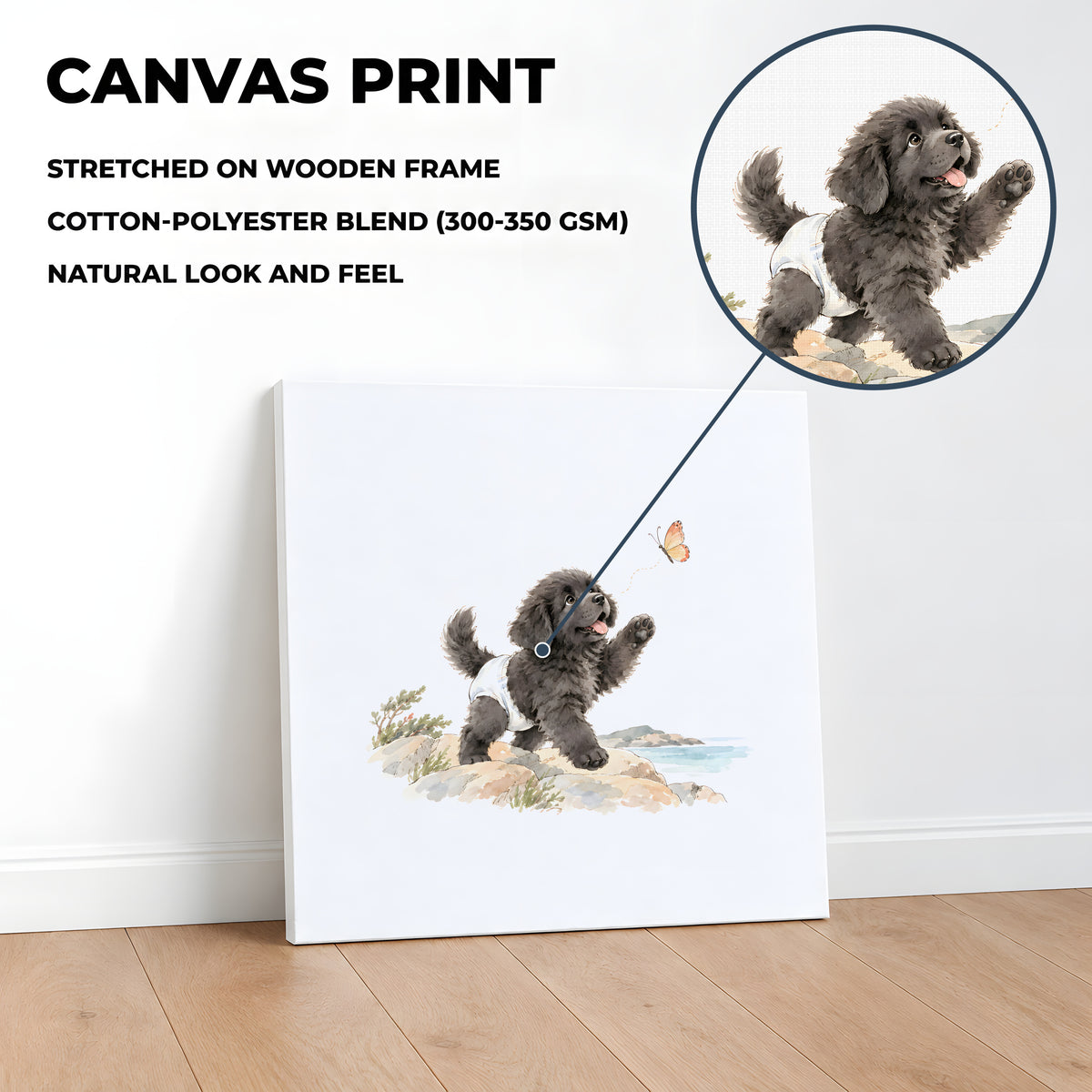 Bébé terre-neuve en couche blanche suit un papillon sur le rivage : toile sur châssis, 40 × 40 cm, en situation