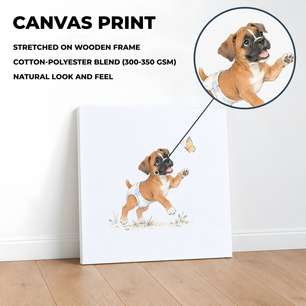 Chiot boxer fauve en couche blanche joue avec un papillon : toile sur châssis, 40 × 40 cm, en situation