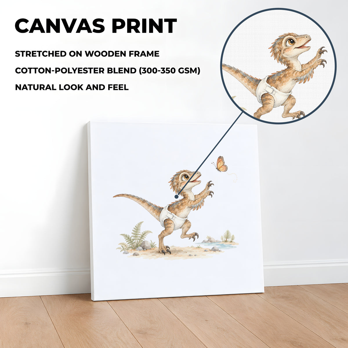 Bébé vélociraptor en couche blanche essaie d’attraper un papillon : toile sur châssis, 40 × 40 cm, en situation