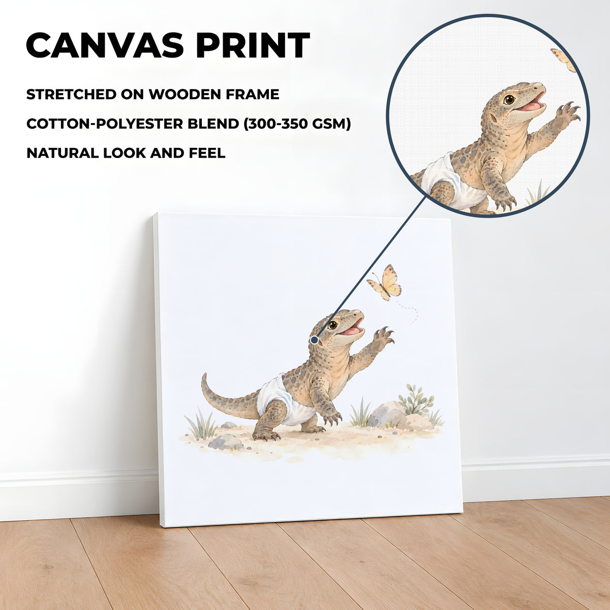 Baby Komodo Dragon in a White Diaper Chases a Butterfly: stretched canvas, 40 × 40 cm, styled in a room