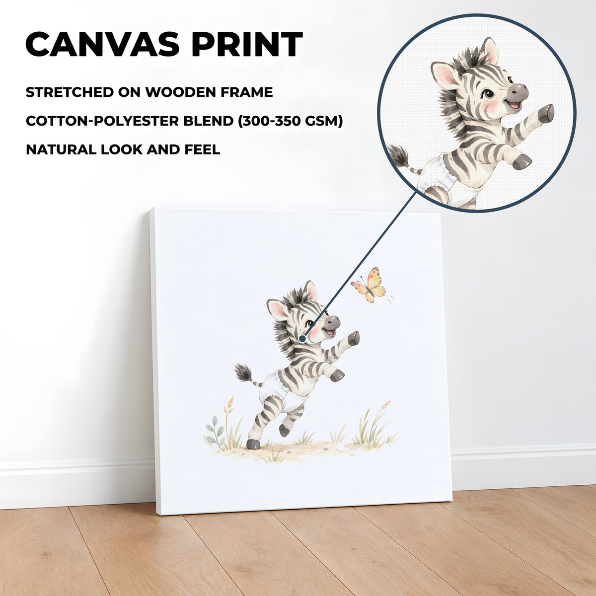 Baby Zebra in a White Diaper Chases a Butterfly in the Savanna: stretched canvas, 40 × 40 cm, styled in a room
