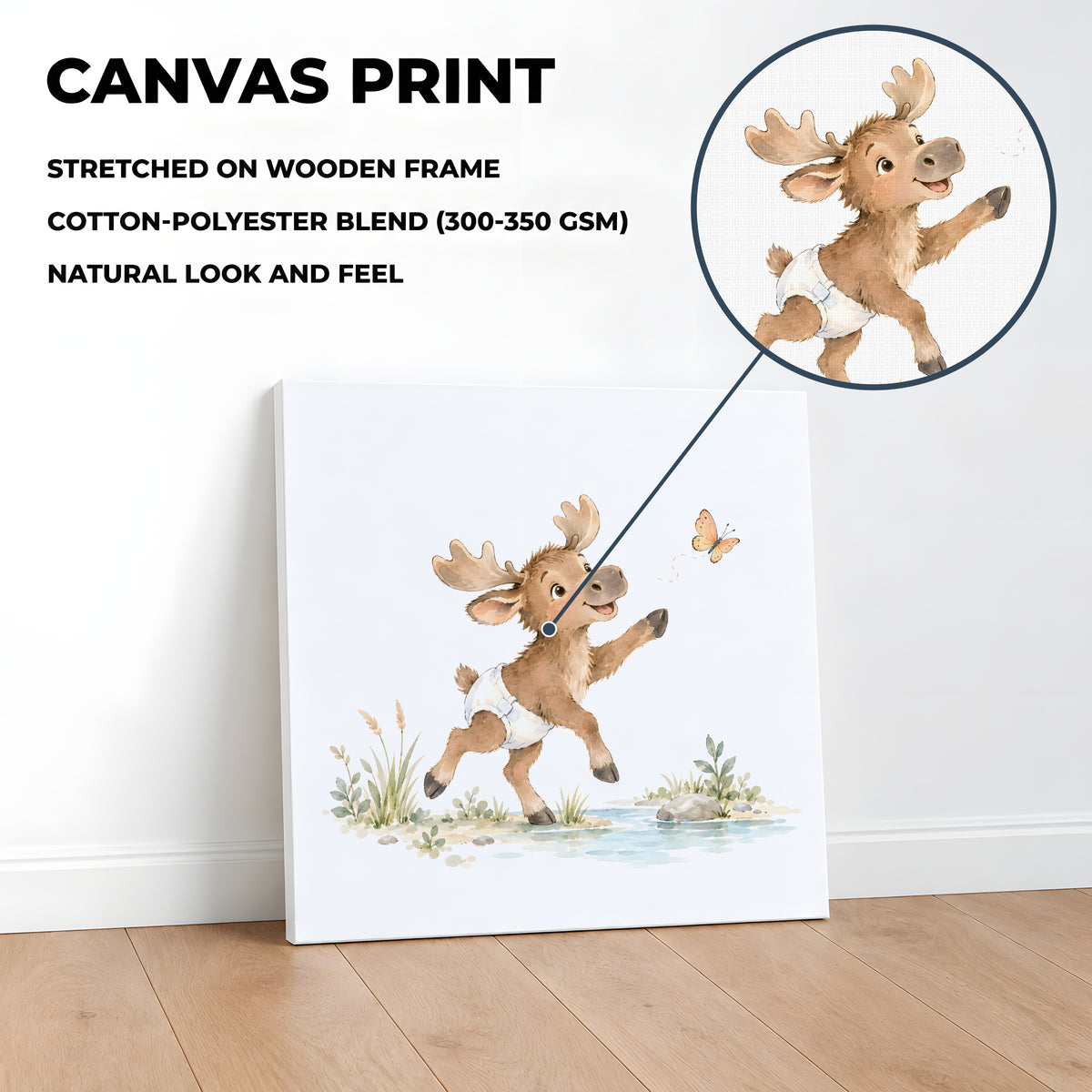 Bébé élan en couche blanche essaie d’attraper un papillon : toile sur châssis, 40 × 40 cm, en situation