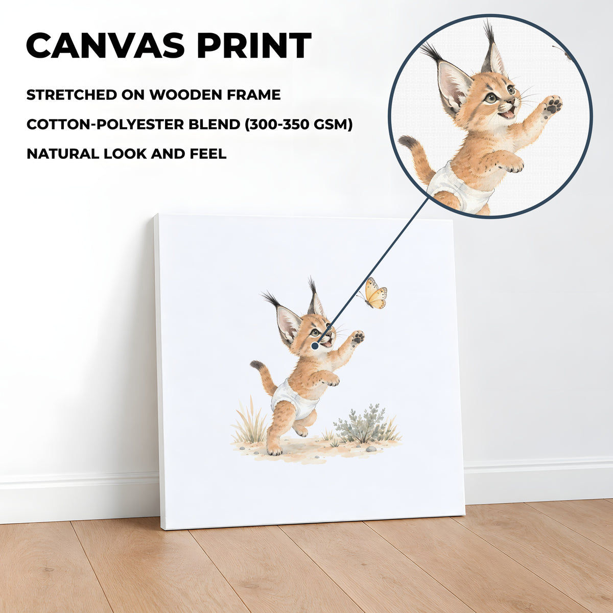 Baby Caracal in a White Diaper Tries to Catch a Butterfly: stretched canvas, 40 × 40 cm, styled in a room