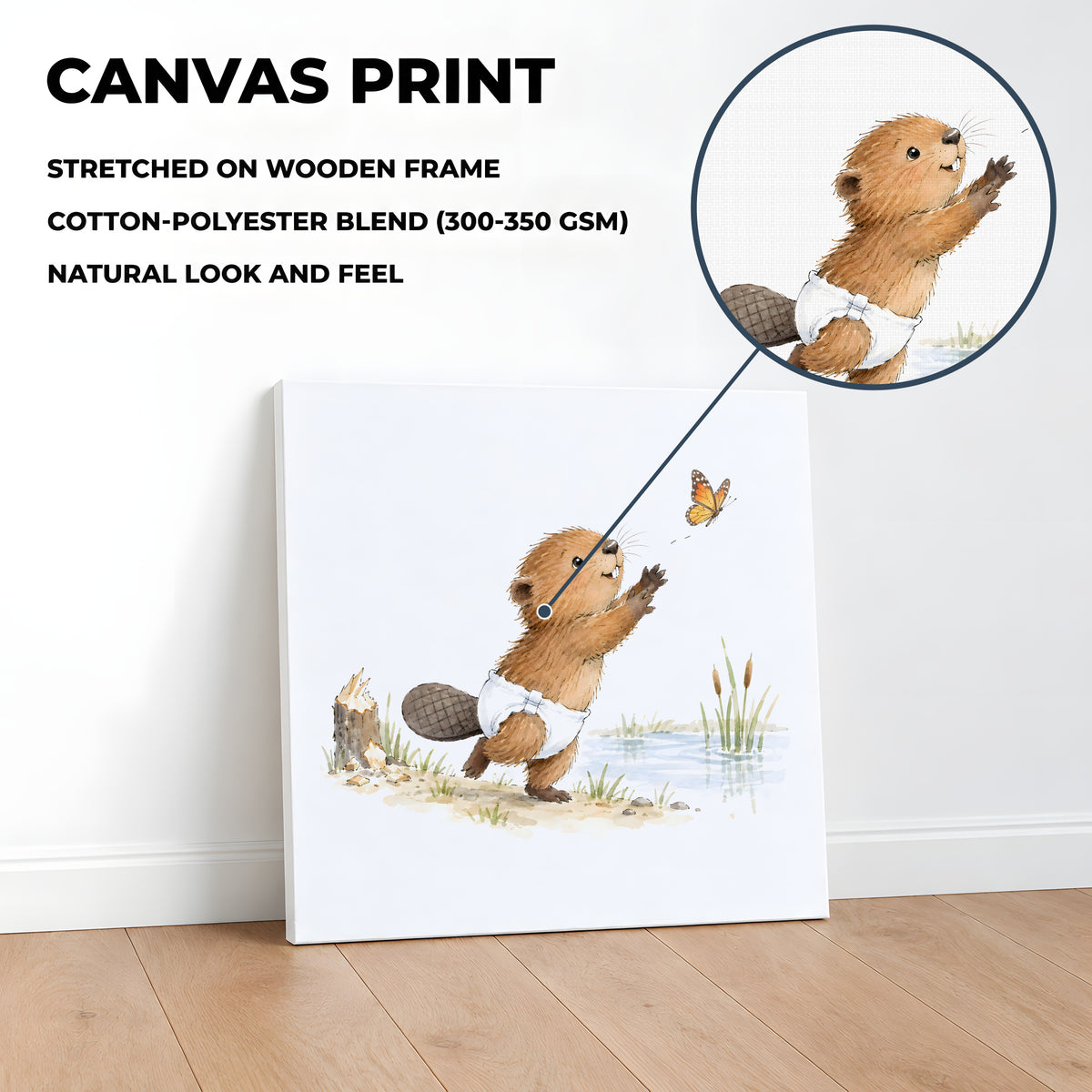 Bébé castor en couche blanche essaie d’attraper un papillon sur la berge : toile sur châssis, 40 × 40 cm, en situation