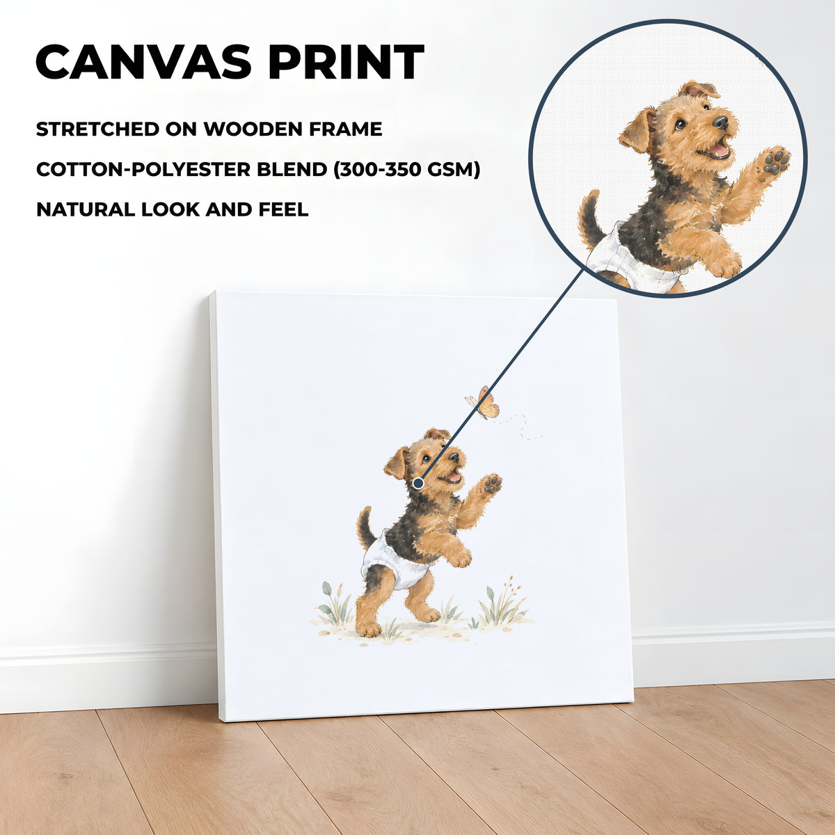 Bébé airedale terrier en couche blanche joue à attraper un papillon : toile sur châssis, 40 × 40 cm, en situation