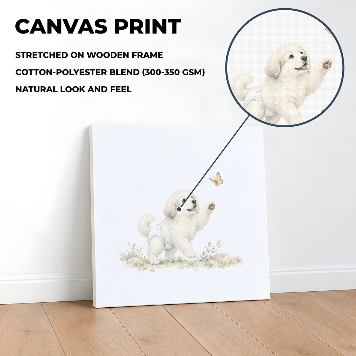 Chiot de montagne des Pyrénées en couche blanche poursuivant un papillon : toile sur châssis, 40 × 40 cm, en situation