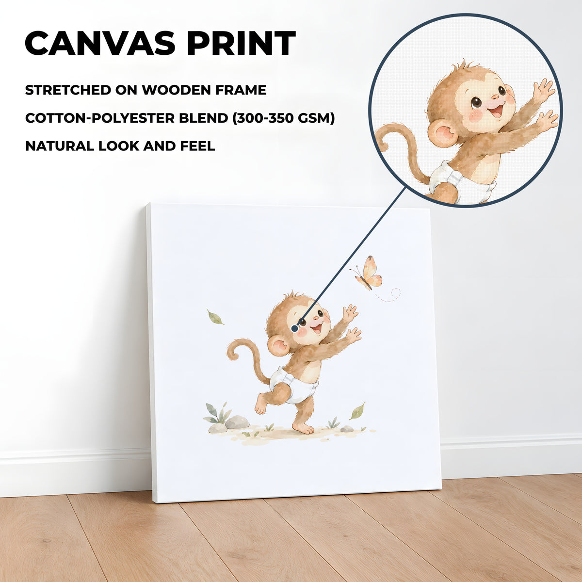 Baby Monkey in a White Diaper Reaches for a Butterfly: stretched canvas, 40 × 40 cm, styled in a room