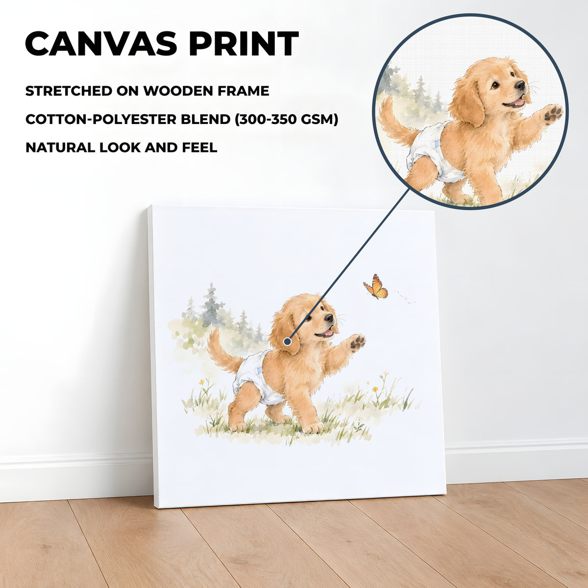 Chiot golden retriever en couche blanche essayant d’attraper un papillon : toile sur châssis, 40 × 40 cm, en situation