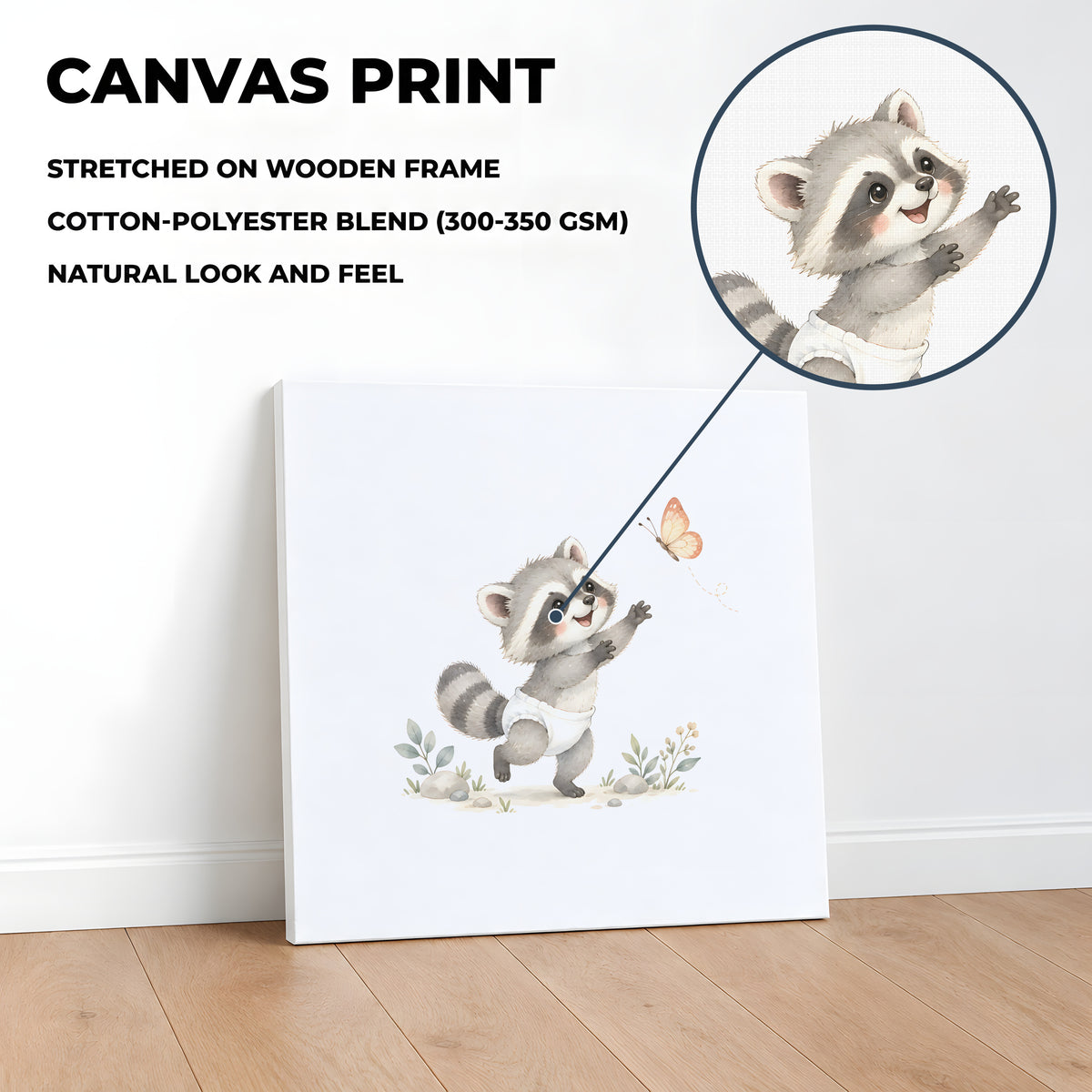 Bébé raton laveur en couche blanche attrape un papillon entre ses pattes : toile sur châssis, 40 × 40 cm, en situation