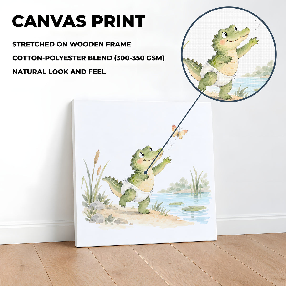 Bébé crocodile en couche blanche tend la patte vers un papillon : toile sur châssis, 40 × 40 cm, en situation