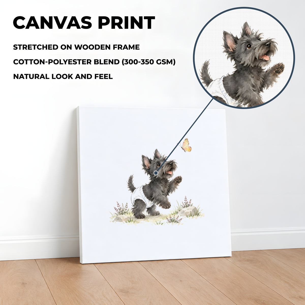 Bébé terrier écossais en couche blanche attrape un papillon au vol : toile sur châssis, 40 × 40 cm, en situation