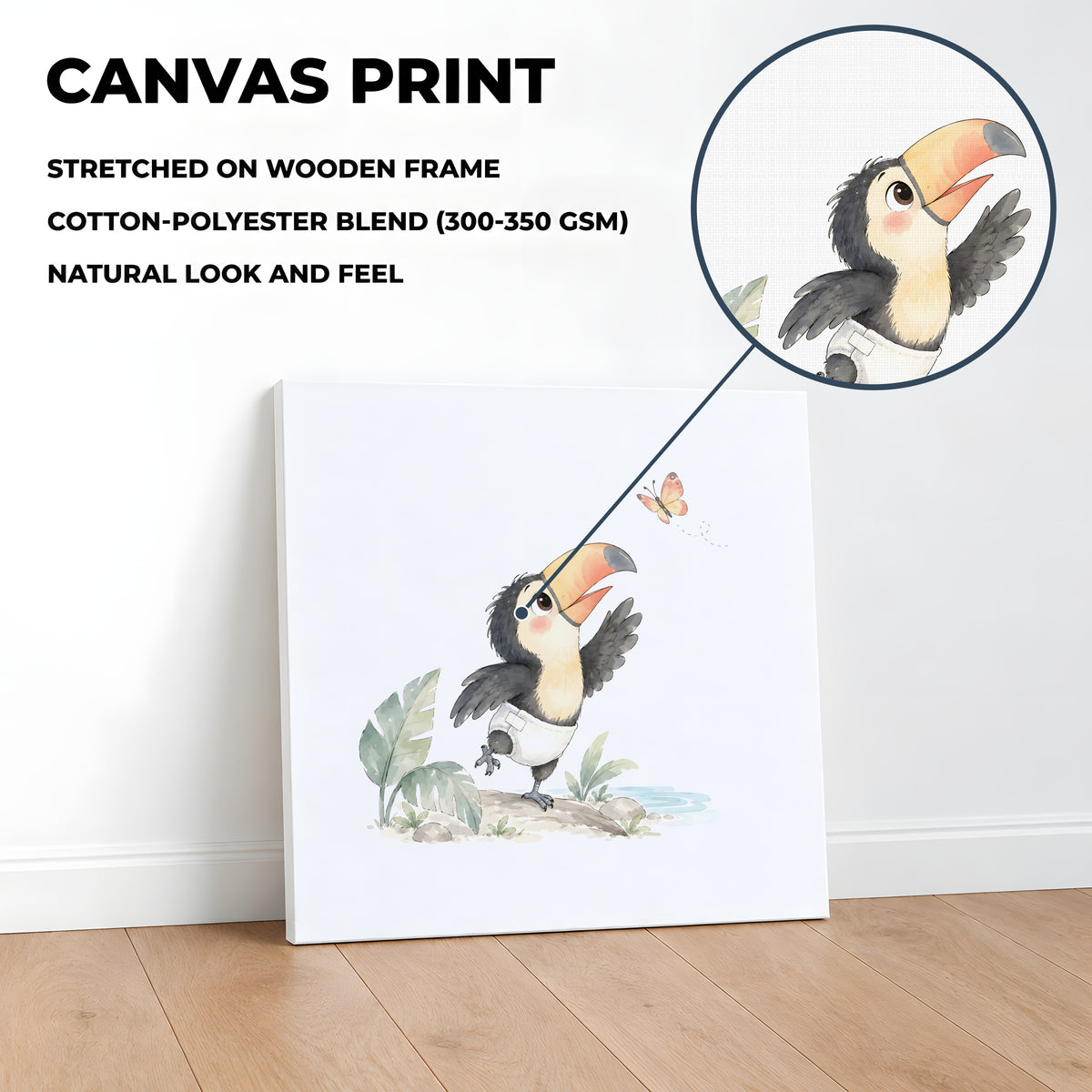 Bébé toucan en couche blanche tente d’attraper un papillon : toile sur châssis, 40 × 40 cm, en situation