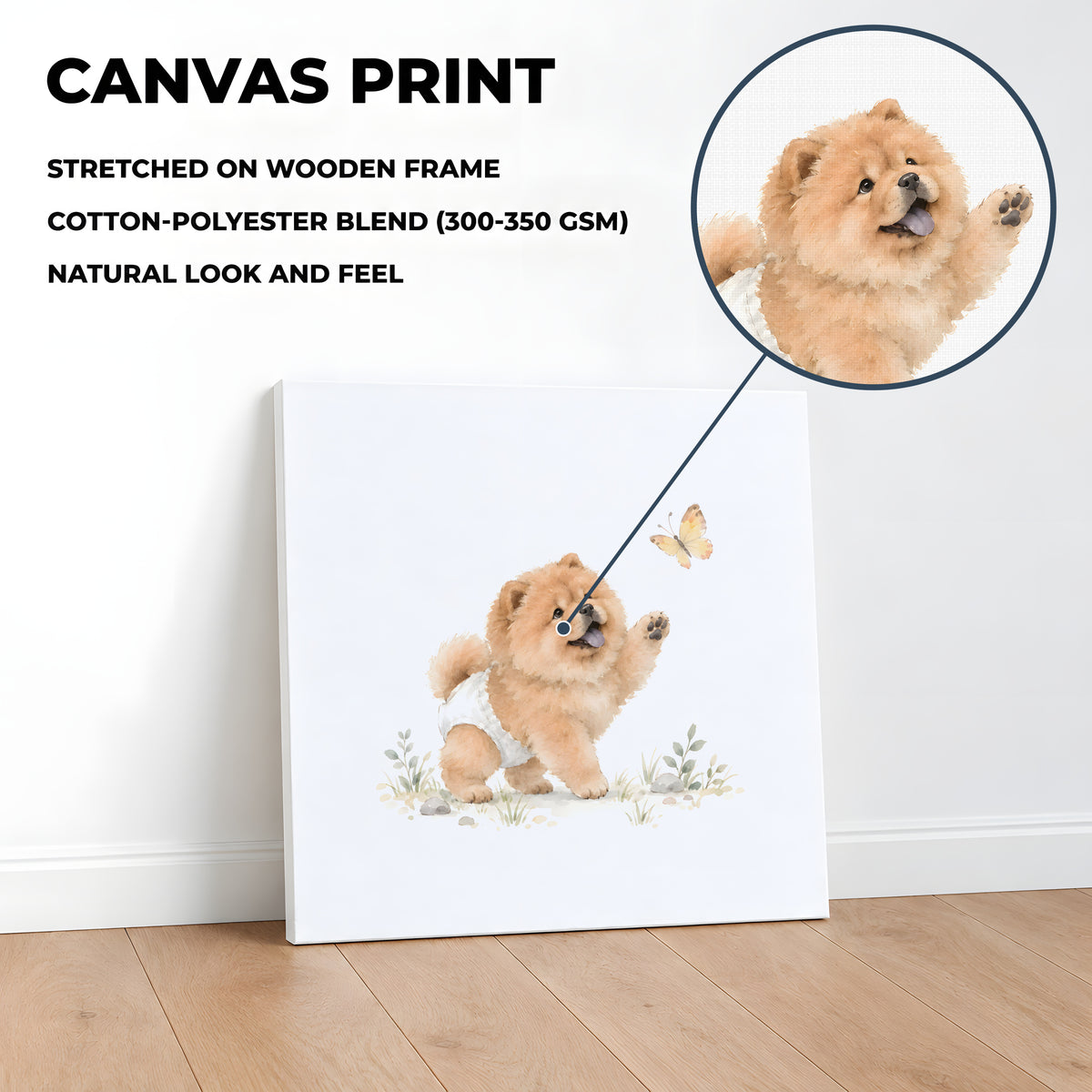 Petit chow chow en couche blanche essaie de saisir un papillon : toile sur châssis, 40 × 40 cm, en situation
