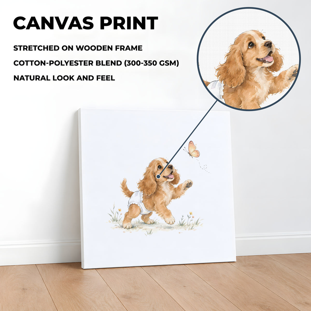 Bébé cocker anglais en couche blanche cherche à attraper un papillon : toile sur châssis, 40 × 40 cm, en situation