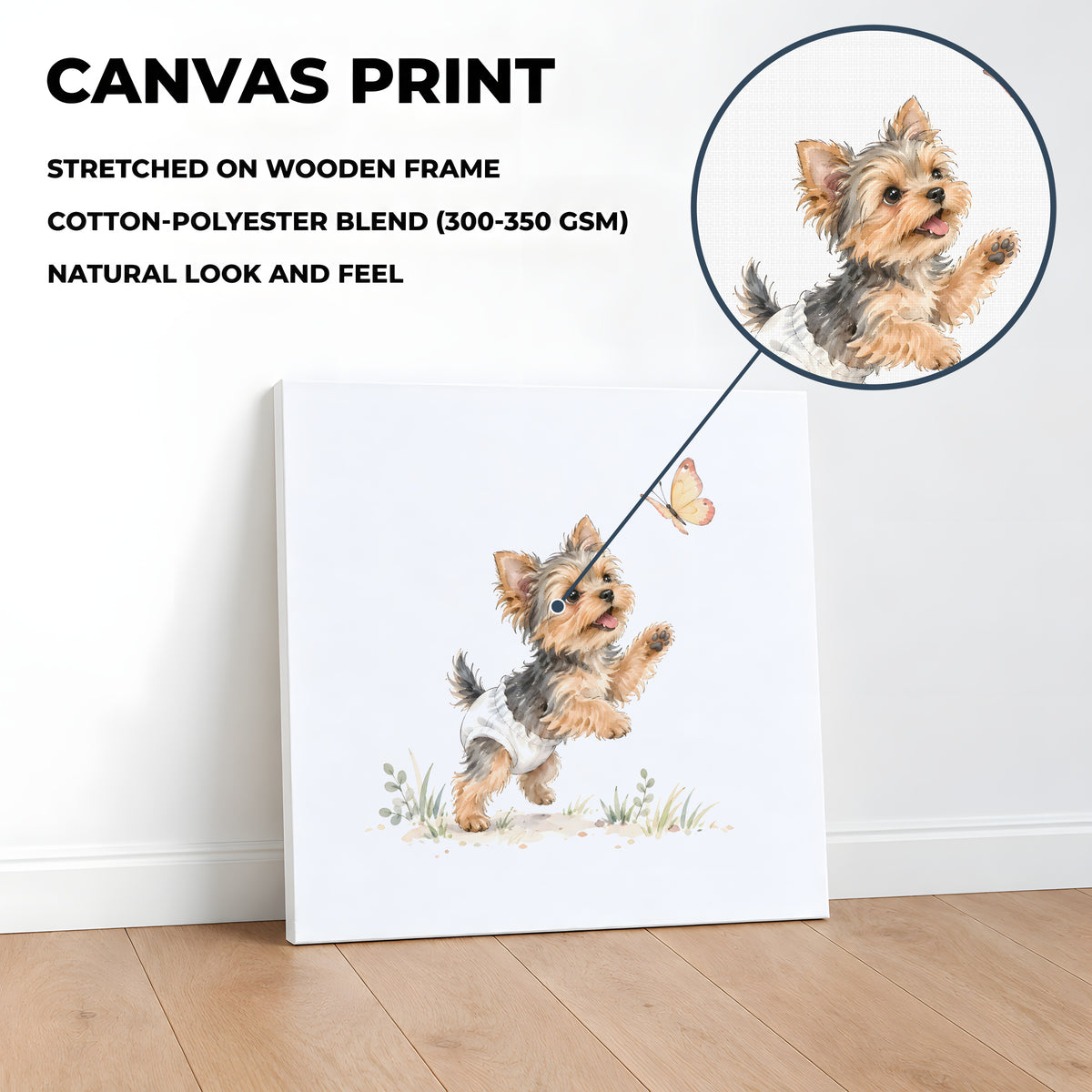 Chiot yorkshire en couche blanche bondit vers un papillon : toile sur châssis, 40 × 40 cm, en situation