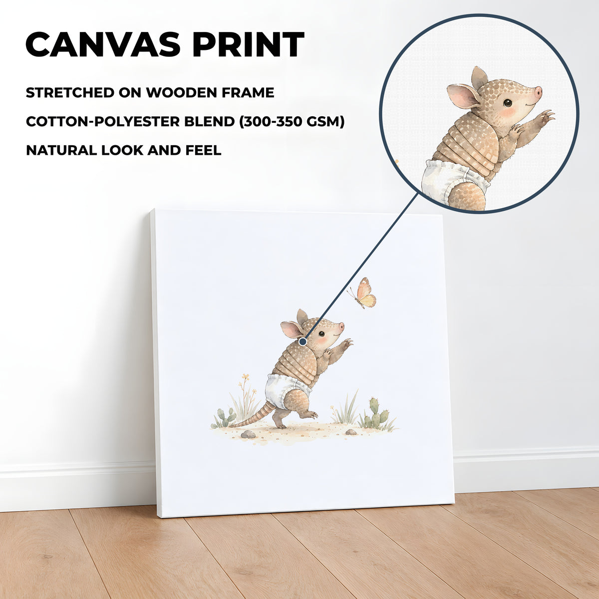 Petit tatou en couche blanche qui tente d’attraper un papillon : toile sur châssis, 40 × 40 cm, en situation