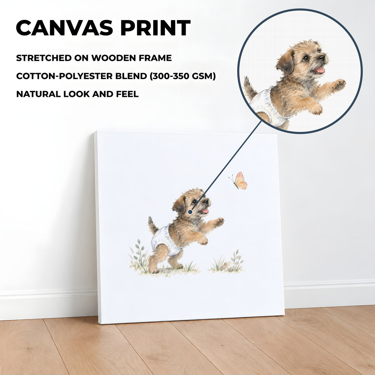 Bébé border terrier en couche blanche essaie d’attraper un papillon : toile sur châssis, 40 × 40 cm, en situation