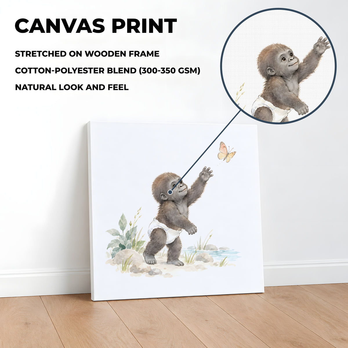 Bébé gorille en couche blanche essaie d’attraper un papillon : toile sur châssis, 40 × 40 cm, en situation