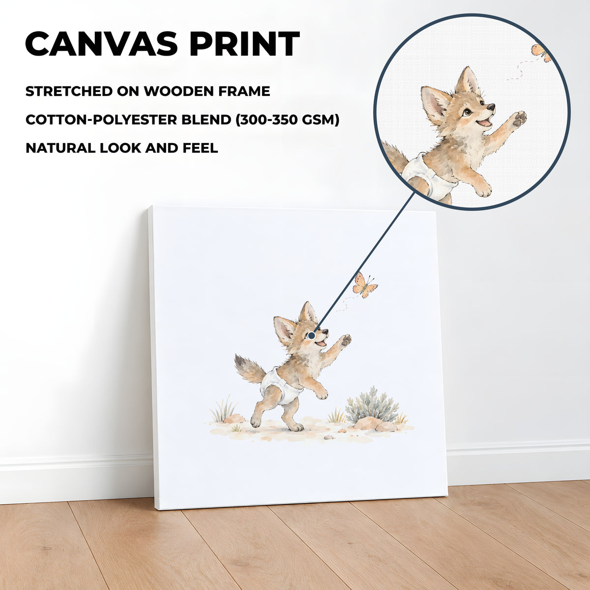 Baby Coyote in a White Diaper Follows a Butterfly Through the Grass: stretched canvas, 40 × 40 cm, styled in a room