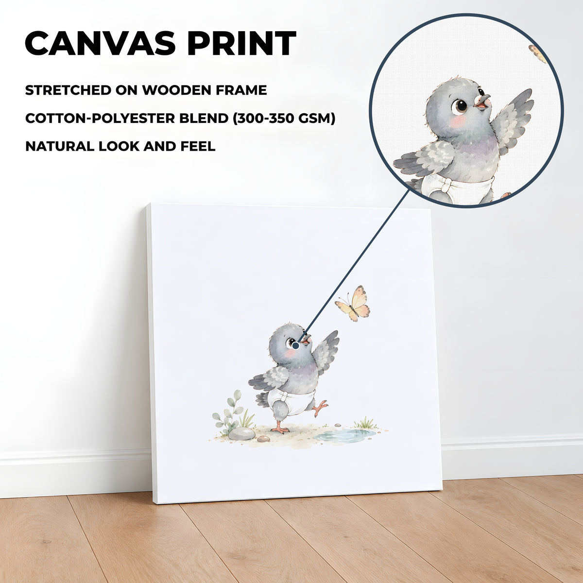 Bébé pigeon en couche blanche veut attraper un papillon : toile sur châssis, 40 × 40 cm, en situation