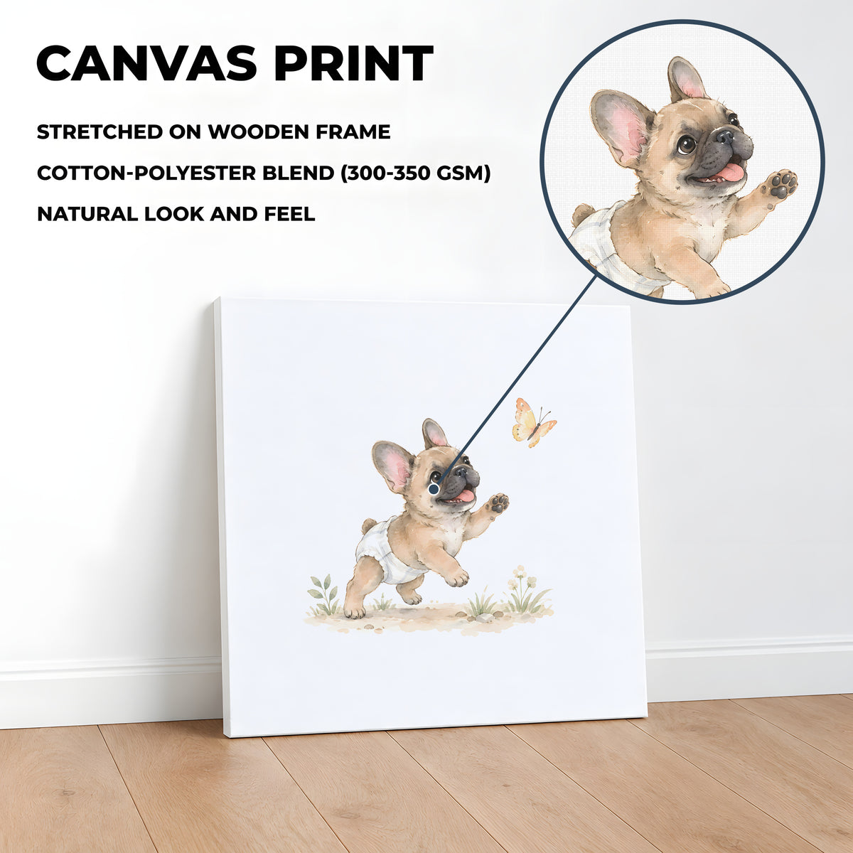 Bébé bouledogue français en couche blanche veut attraper un papillon : toile sur châssis, 40 × 40 cm, en situation