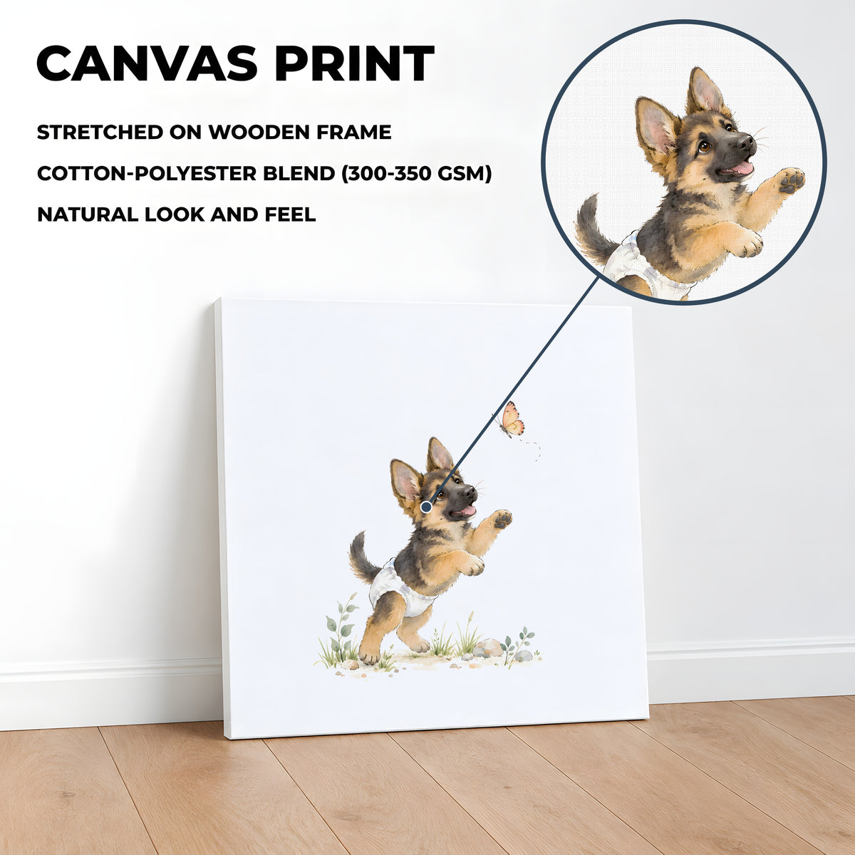 Chiot berger allemand en couche blanche tente d’attraper un papillon : toile sur châssis, 40 × 40 cm, en situation