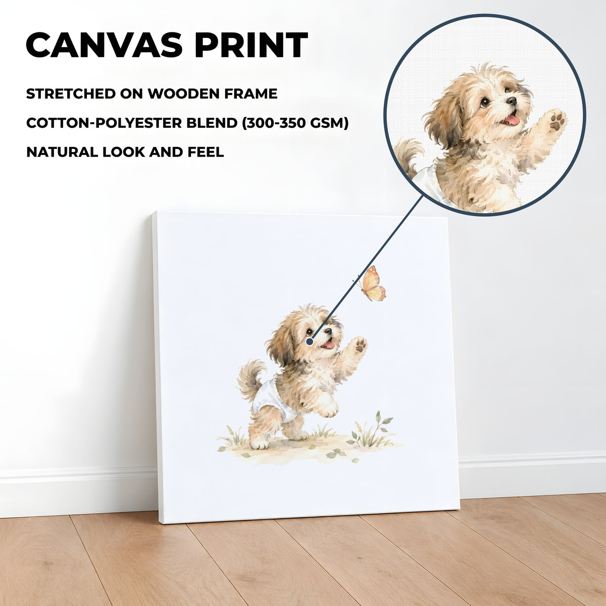 Bébé bichon havanais en couche blanche tend les pattes vers un papillon : toile sur châssis, 40 × 40 cm, en situation