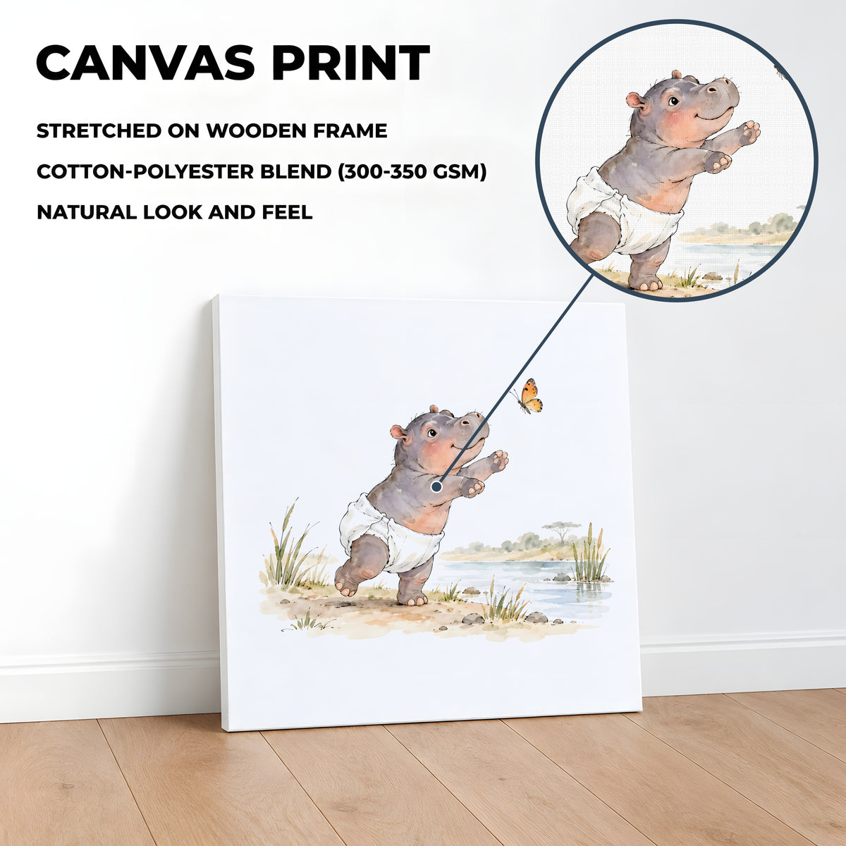 Bébé hippopotame en couche blanche essaie d’attraper un papillon : toile sur châssis, 40 × 40 cm, en situation