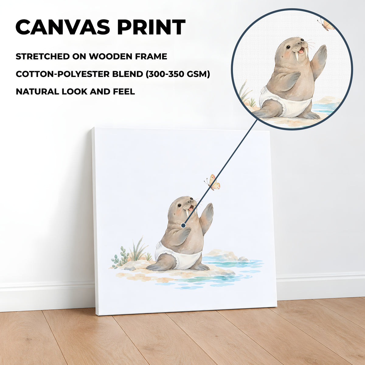 Bébé morse en couche blanche tente d’attraper un papillon : toile sur châssis, 40 × 40 cm, en situation