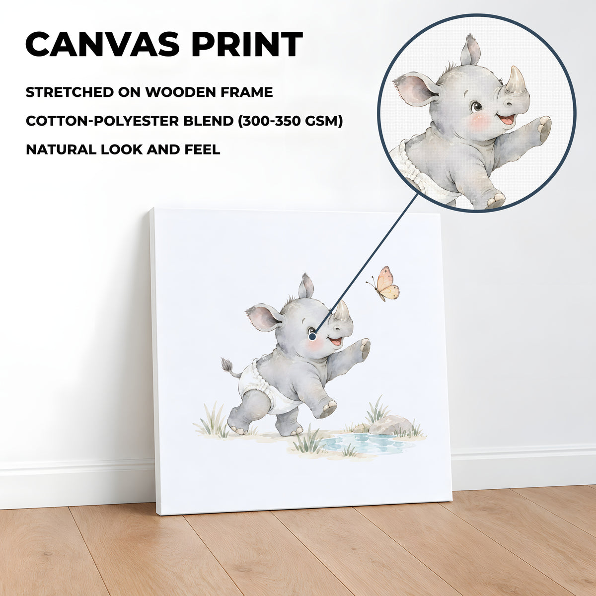 Bébé rhinocéros essaie d’attraper un papillon dans la savane : toile sur châssis, 40 × 40 cm, en situation