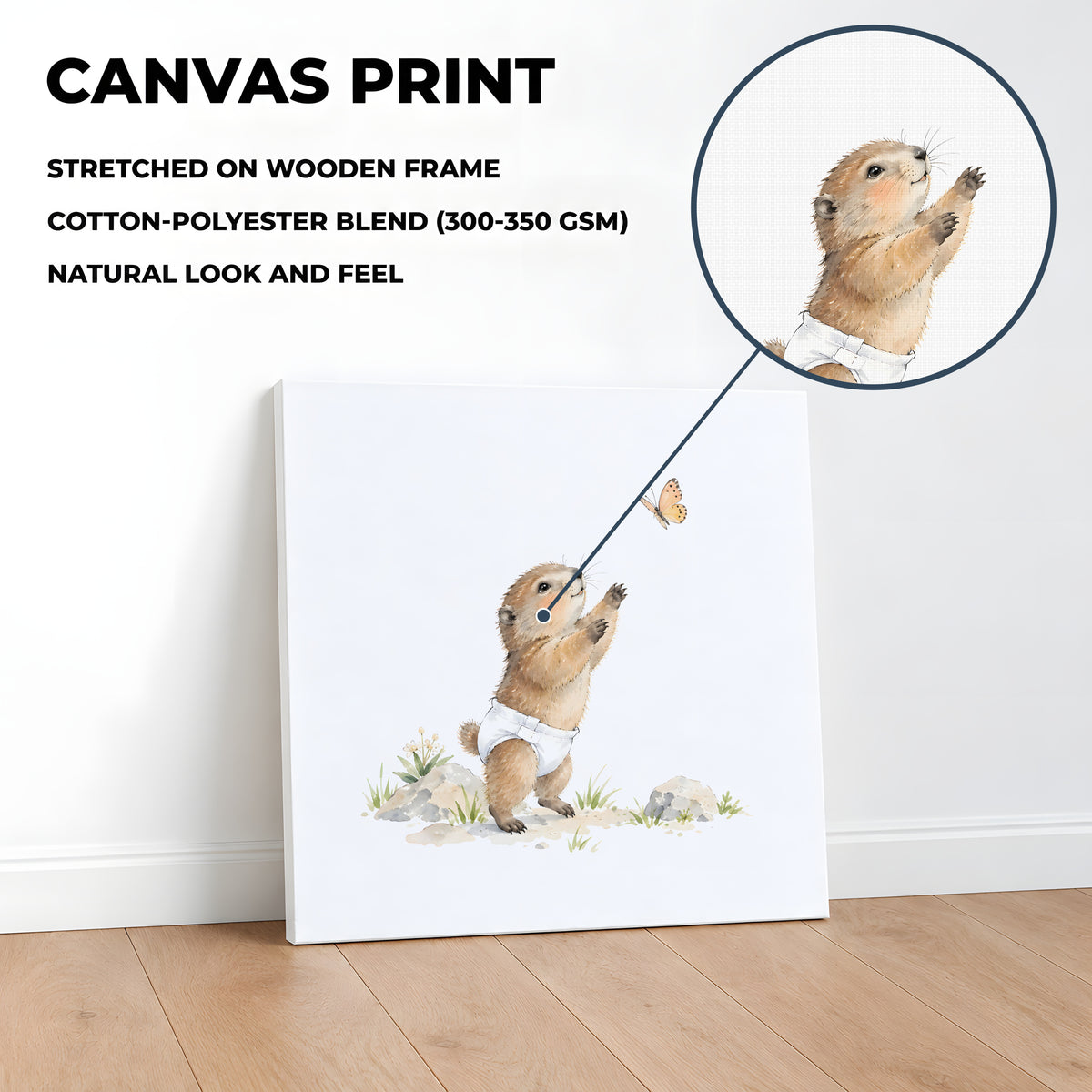Bébé marmotte en couche blanche essaie de saisir un papillon : toile sur châssis, 40 × 40 cm, en situation