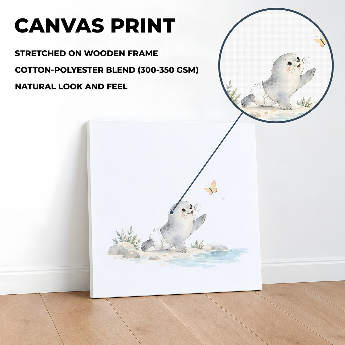 Bébé phoque en couche blanche essaie d’attraper un papillon : toile sur châssis, 40 × 40 cm, en situation